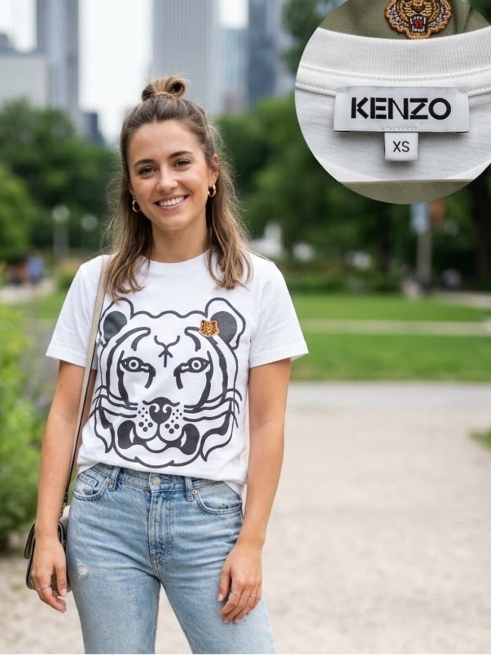 Kenzo White Tee with Black Tiger Graphic and Small Orange Accent